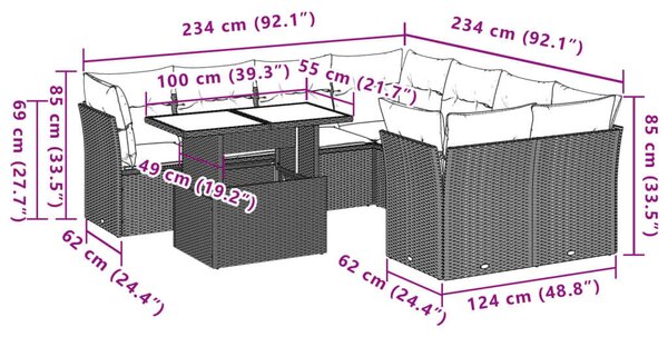 VidaXL Polyrattan Kerti Ülőgarnitúra - 9 részes - Fekete