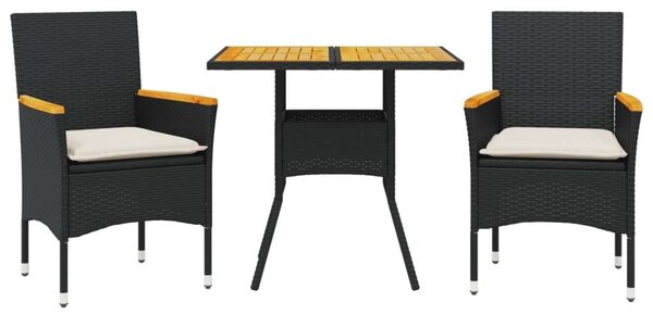 VidaXL 3 részes Kerti Étkezőgarnitúra - Fekete Polyrattan/Akácfa
