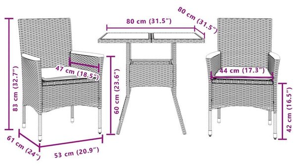 VidaXL 3 részes Kerti Étkezőgarnitúra - Fekete Polyrattan/Akácfa
