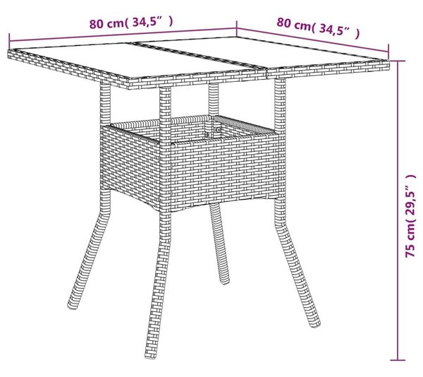 VidaXL - 3 részes Kerti Étkezőgarnitúra - Fekete Polyrattan - Üveg asztallap