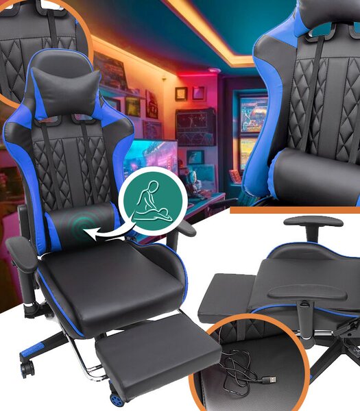 Kék Gamer szék Beépített Masszázzsfunkcióval és Kihúzható Lábtartóval