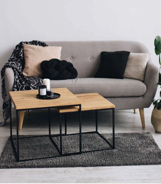 Loft Industrial 2 részes, négyzet alakú kávézóasztal szett, fekete fém vázzal és tölgy színű lappal