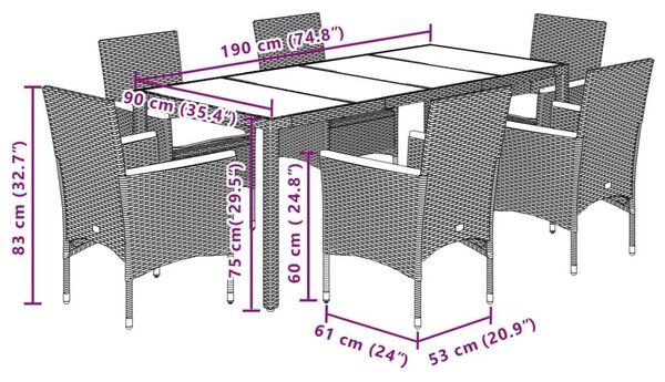 VidaXL - 7 Részes Kerti Étkezőgarnitúra - Polyrattan/Akácfa - Szürke