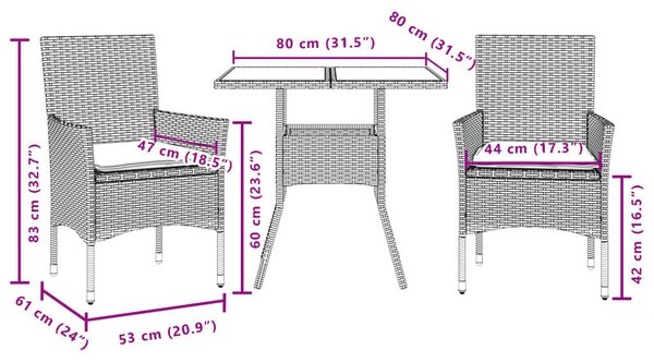 VidaXL - 3 részes Kerti Étkezőgarnitúra - Fekete Polyrattan - Üveg asztallap