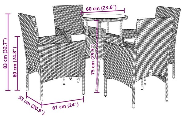 VidaXL 5 részes Kerti Étkezőgarnitúra - Fekete Polyrattan/Akácfa