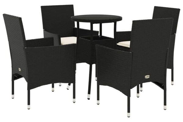 VidaXL 5 részes Kerti Étkezőgarnitúra - Fekete Polyrattan - Üveg Asztallap