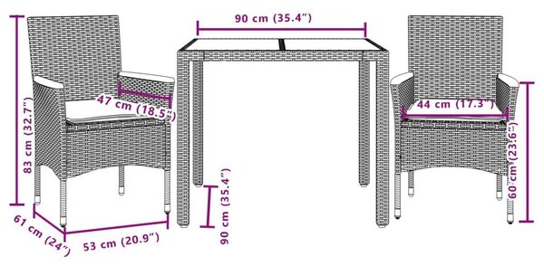 VidaXL - 3 részes Kerti Étkezőgarnitúra - Polyrattan - Fekete