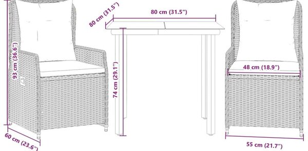 VidaXL 3 részes szürke polyrattan kerti étkezőgarnitúra párnával