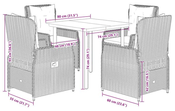 VidaXL 5 részes fekete polyrattan kerti étkezőgarnitúra párnákkal