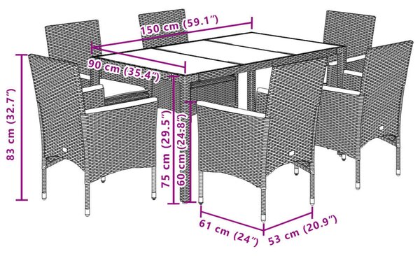 VidaXL - 7 Részes Kerti Étkezőgarnitúra - Polyrattan/Akácfa - Bézs