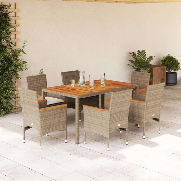 VidaXL - 7 Részes Kerti Étkezőgarnitúra - Polyrattan/Akácfa - Bézs