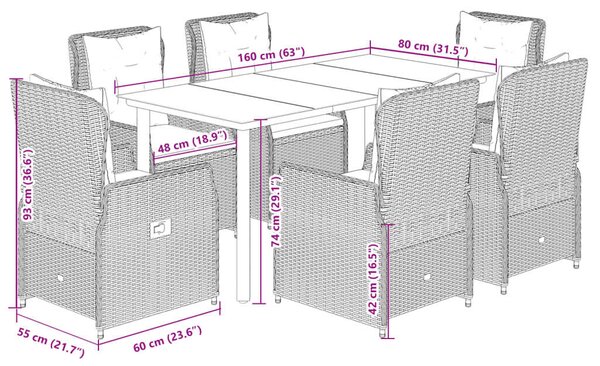 VidaXL 7 részes barna polyrattan kerti étkezőgarnitúra párnával