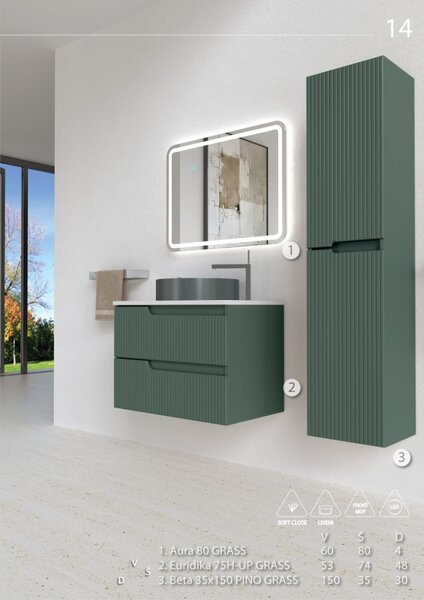 Piramida EURIDIKA fali fürdőszobabútor - mosdópult mosdó nélkül -2 fiókos - PINO ZÖLD - 75x48 x53 cm