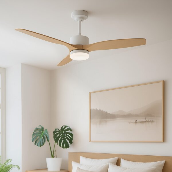 Fehér mennyezeti ventilátor fa mintázattal, 132 cm, LED-del, dimmelhető, távirányítóval - Joly