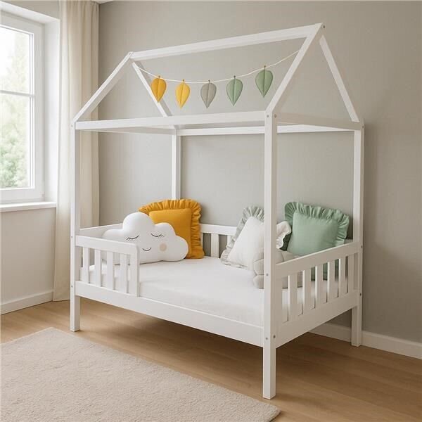 Detská posteľ domček so zábradlím a roštom New Baby CASTELLO 160x80 cm biela