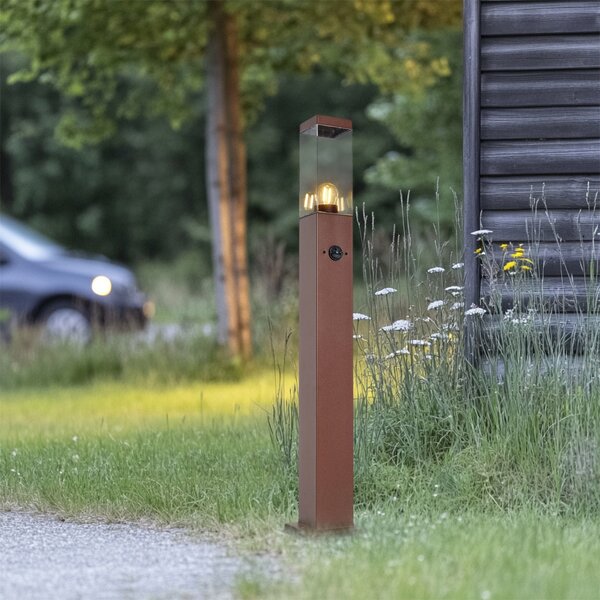 Kültéri lámpa rozsdabarna színben, átlátszó üveggel, 80 cm, IP44, aljzattal és mozgásérzékelővel - Malios