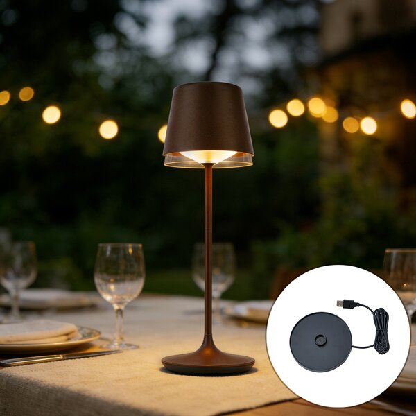 Rozsdabarna asztali lámpa LED-del, IP65-ös, újratölthető, töltőállomással - Bass