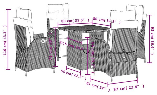 VidaXL Polyrattan Kerti Étkezőgarnitúra - 5 részes - Fekete