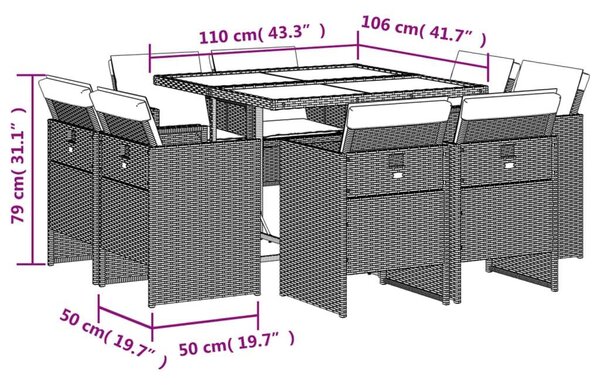 VidaXL 9 részes bézs polyrattan kerti étkezőgarnitúra párnákkal