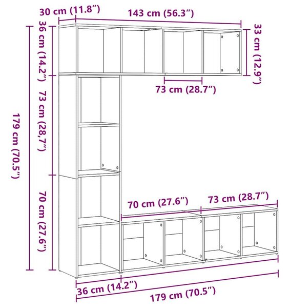 VidaXL Könyvespolc 3 pcs Fekete tölgy 36 x 30 x 143 cm Faanyag