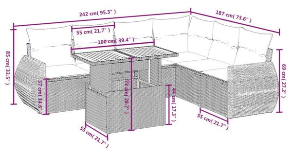 Polyrattan Kerti Ülőgarnitúra - 7 részes - Szürke