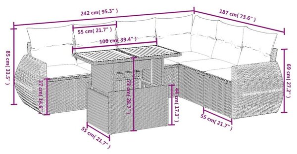 Polyrattan Kerti Ülőgarnitúra - 7 részes - Szürke