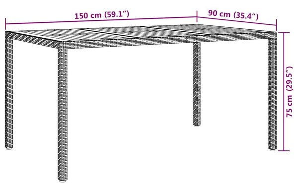 VidaXL Kerti Asztal Szürke 150 x 90 x 75 cm polirattan