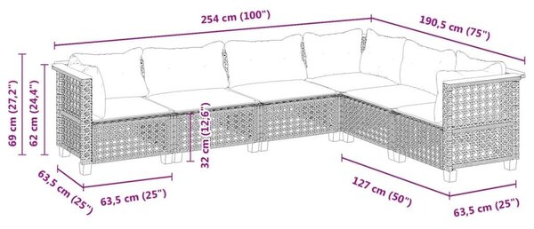 VidaXL Polyrattan Kerti Ülőgarnitúra - 6 részes - Fekete