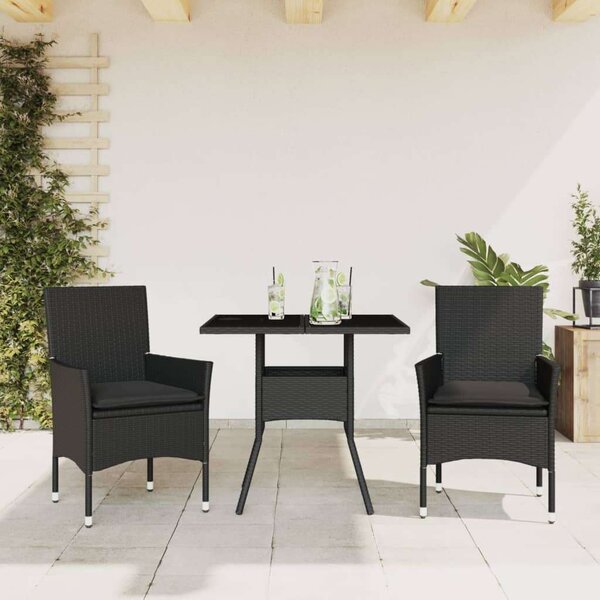 VidaXL - 3 részes Kerti Étkezőgarnitúra - Fekete Polyrattan - Üveg asztallap