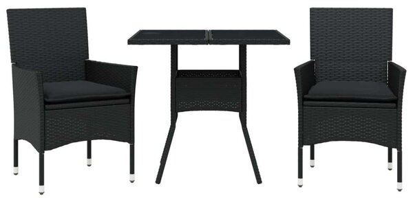 VidaXL - 3 részes Kerti Étkezőgarnitúra - Fekete Polyrattan - Üveg asztallap