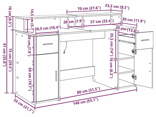VidaXL Asztal LED -es lámpákkal Musta tammi 140 x 55 x 91 cm Faanyag