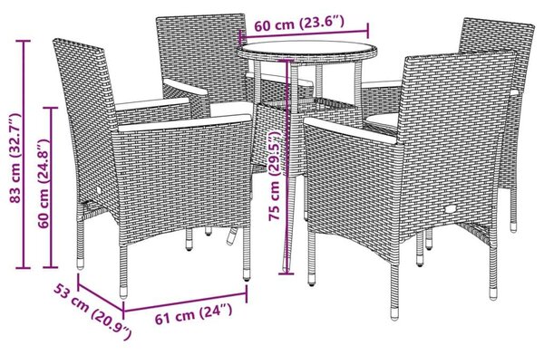 VidaXL - 5 Részes Kerti Étkezőgarnitúra - Polyrattan - Fekete