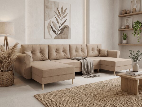 Ágyazható U alakú kanapé SILVIANO 300x140 cm, bézs színű + 2 db díszpárna INGYEN
