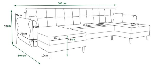 Ágyazható U alakú kanapé SILVIANO 300x140 cm, krém színű + 2 db díszpárna INGYEN