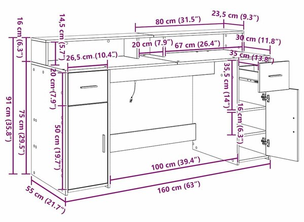 VidaXL Asztal LED -es lámpákkal Musta tammi 160 x 55 x 91 cm Faanyag