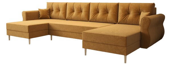 Ágyazható U alakú kanapé SILVIANO 300x140 cm, mustár színű + 2 db díszpárna INGYEN