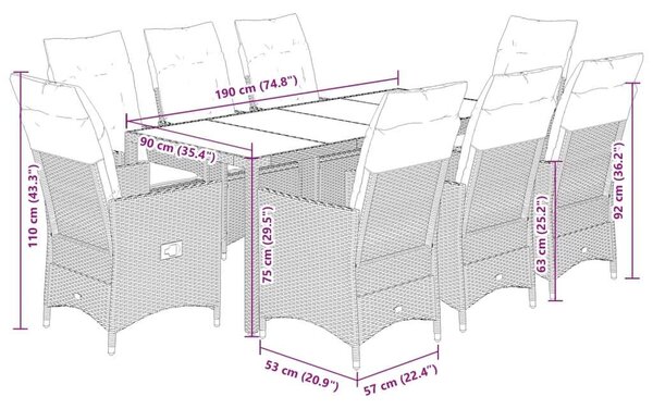 VidaXL Kerti Étkezőgarnitúra - 9 részes - Fekete Polyrattan