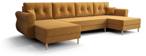 Ágyazható U alakú kanapé SILVIANO 300x140 cm, mustár színű + 2 db díszpárna INGYEN