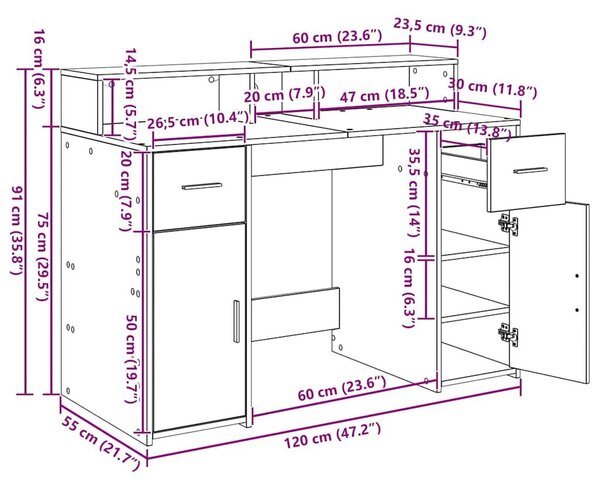 VidaXL Asztal LED -es lámpákkal Musta tammi 120 x 55 x 91 cm Faanyag