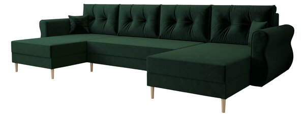 Ágyazható U alakú kanapé SILVIANO 300x140 cm, sötétzöld színű + 2 db díszpárna INGYEN