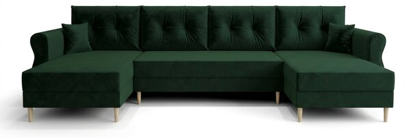 Ágyazható U alakú kanapé SILVIANO 300x140 cm, sötétzöld színű + 2 db díszpárna INGYEN