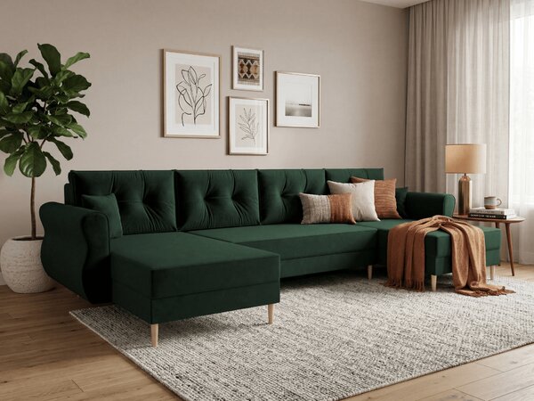 Ágyazható U alakú kanapé SILVIANO 300x140 cm, sötétzöld színű + 2 db díszpárna INGYEN