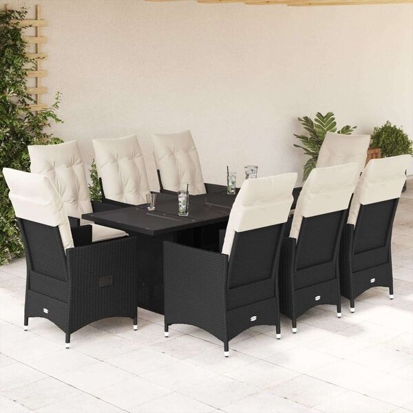 VidaXL Kerti Étkezőgarnitúra - 9 részes - Fekete Polyrattan
