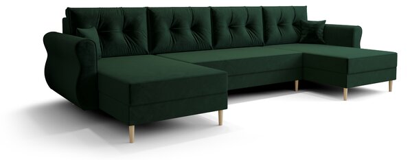 Ágyazható U alakú kanapé SILVIANO 300x140 cm, sötétzöld színű + 2 db díszpárna INGYEN