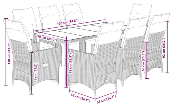 VidaXL - 9 részes Kerti Étkezőgarnitúra - Polyrattan - Fekete