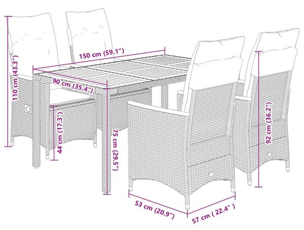 VidaXL 5 Részes Kerti Étkezőgarnitúra - Fekete Polyrattan