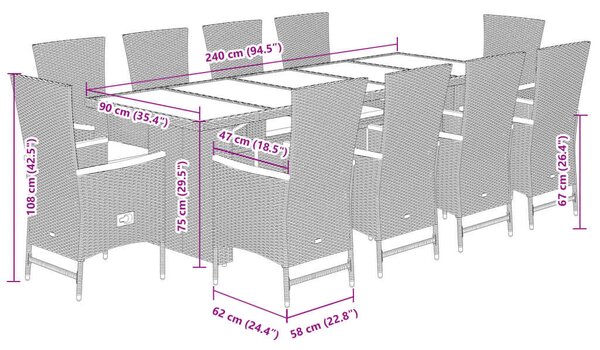VidaXL Kerti Étkezőgarnitúra - 11 részes - Fekete Polyrattan