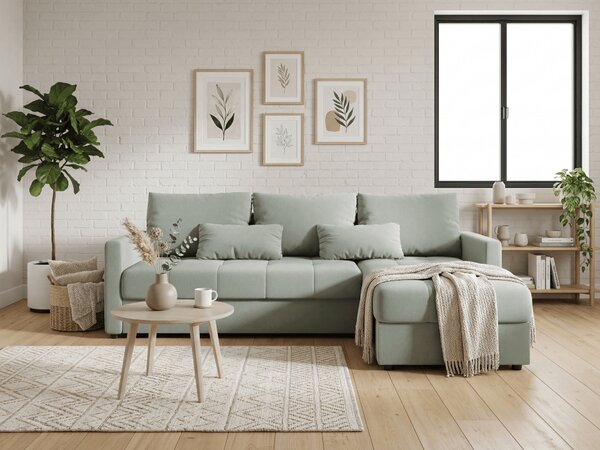 VENORIA L alakú kihúzható sarokkanapé, 220x143 cm, világoszöld + 2 párna INGYEN