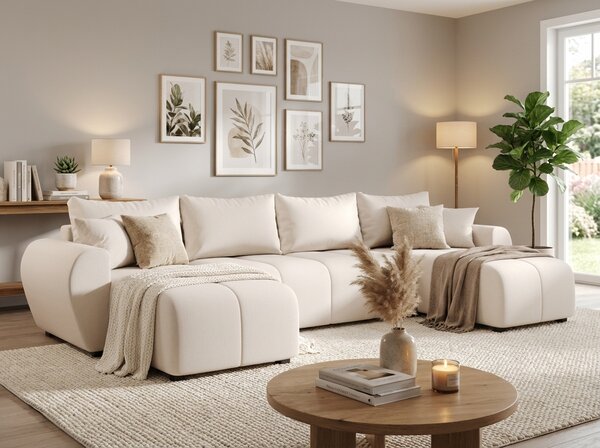 AKCIÓ Kinyitható U alakú ülőgarnitúra SEVIO 311x145 cm, krém + 2 db párna INGYEN II. osztály