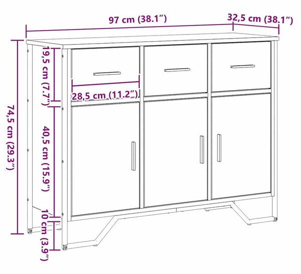 VidaXL Komód Fekete tölgy 97 x 32,5 x 74,5 cm Faanyag